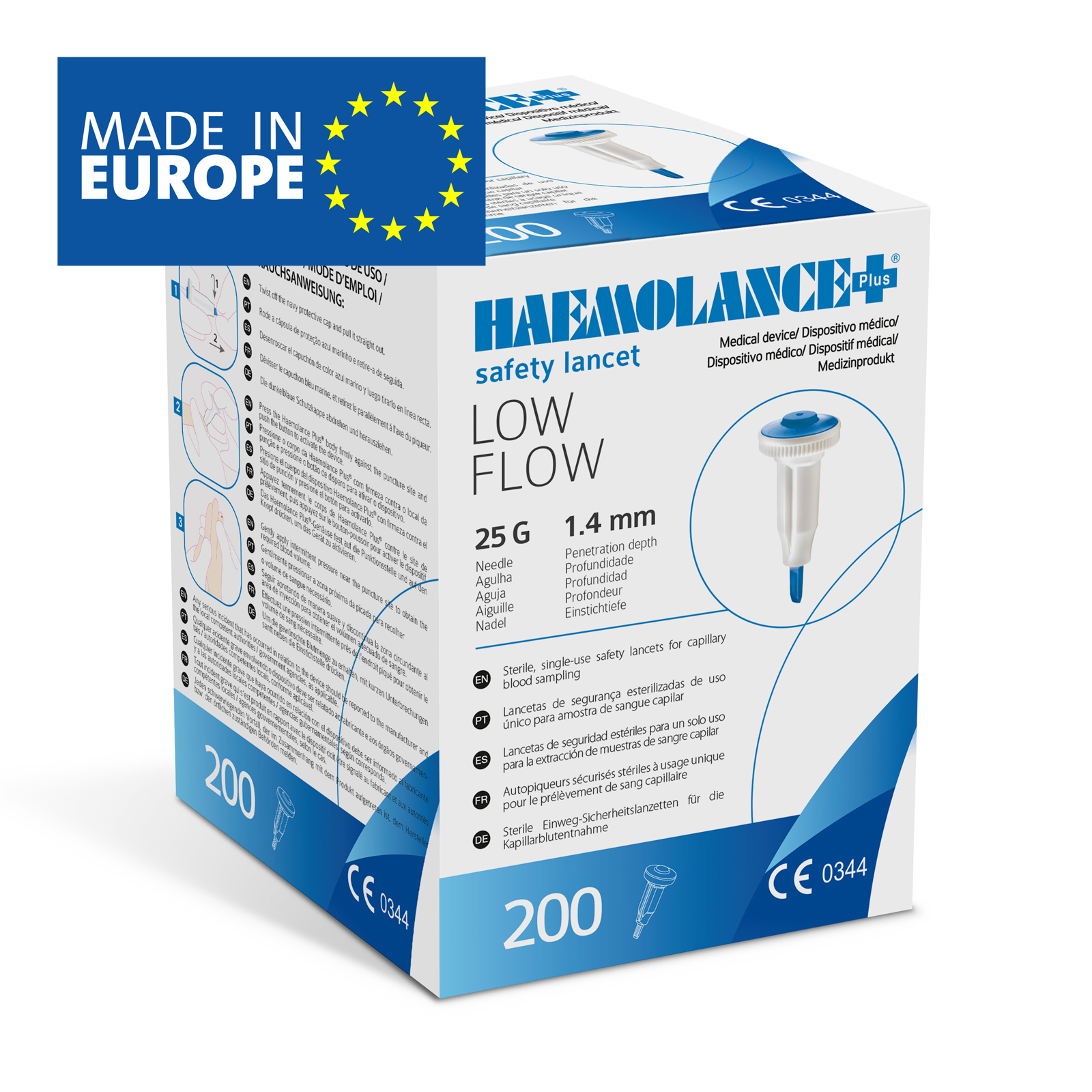 HAEMOLANCE Plus LOW FLOW ланцети безпечні стерильні одноразового використання, голка 25G, глибина проникнення 1,4 мм, (з круглою кнопкою), HTL STREFA, Польща.